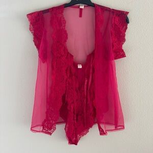 Alana Gale Vintage 70s Sheer Lace Babydoll Bodysuit and Robe Pink Two Piece Set